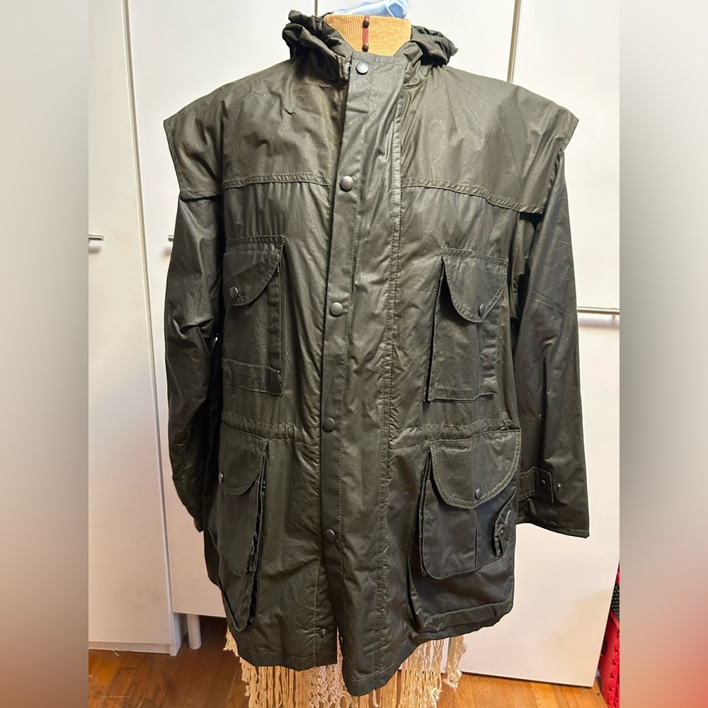 New wax cotton raincoat green lined hood Scotland Wathne MED / Barbour quality